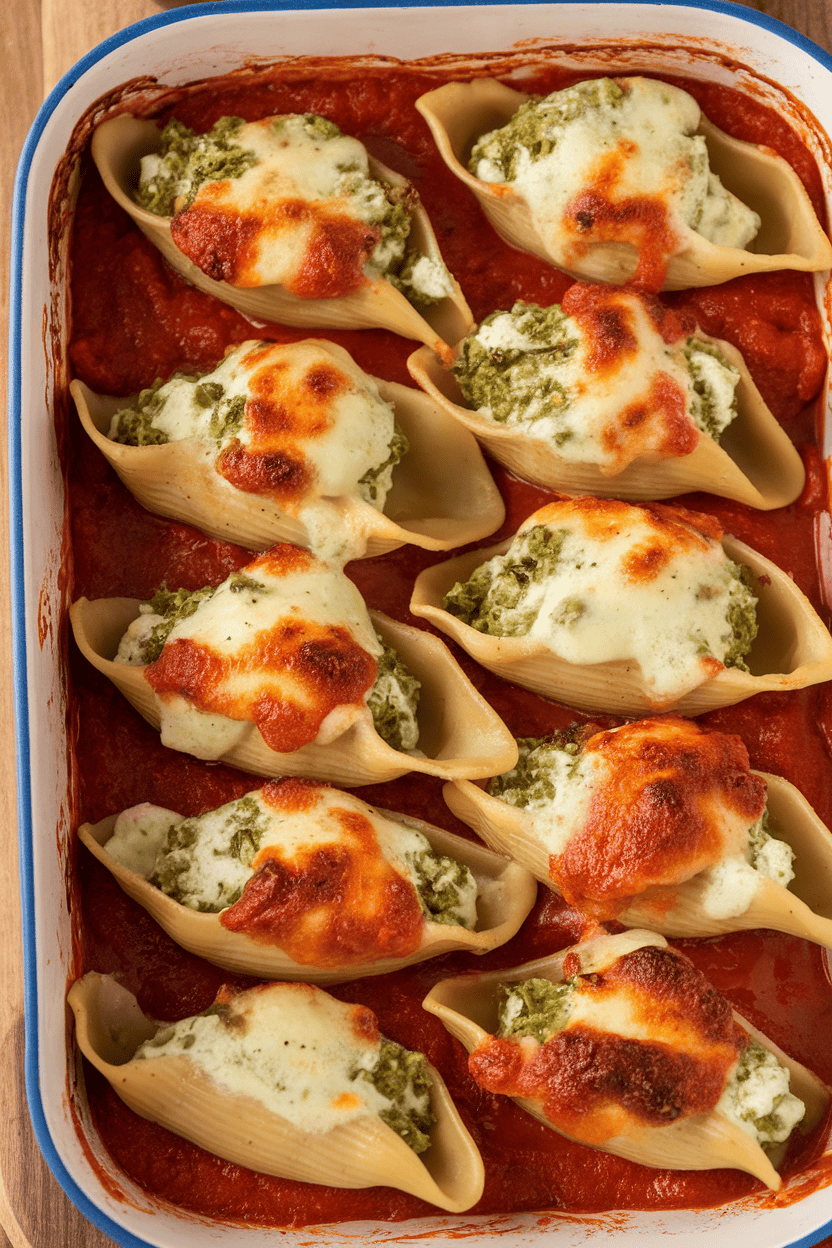 An indoor dining table with a casserole dish of jumbo pasta shells stuffed with green-flecked ricotta, marinara pooling around them, cheese browned on top. No visible text or logos.