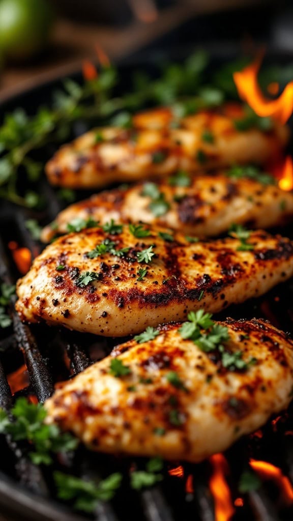Grilled chicken breasts with Cajun seasoning on a grill.