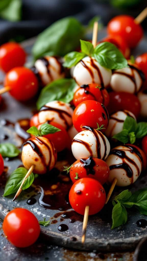 Skewers with cherry tomatoes, mozzarella balls, and fresh basil drizzled with balsamic glaze.