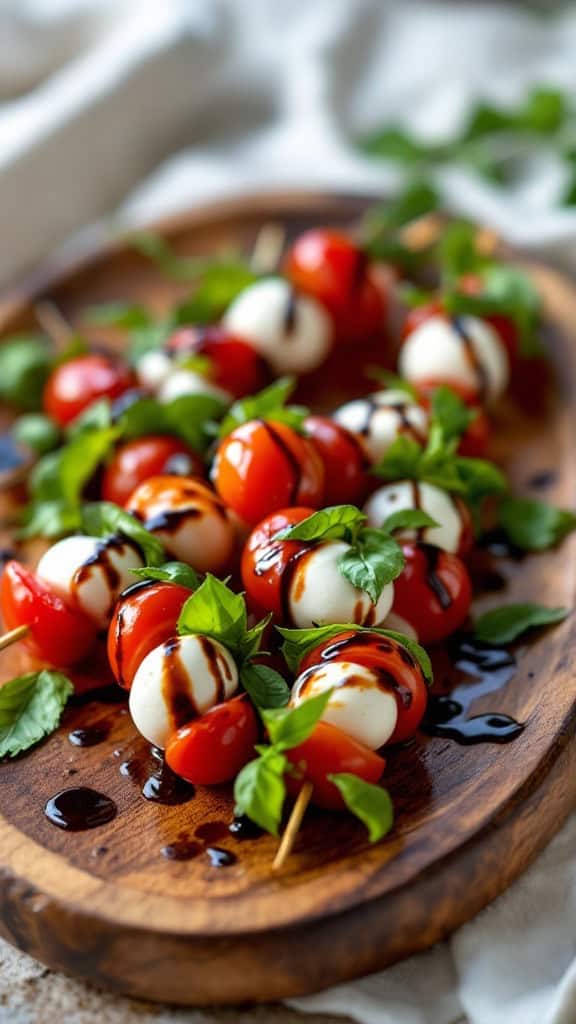 A plate of Caprese skewers featuring cherry tomatoes, mozzarella, and basil drizzled with balsamic glaze.