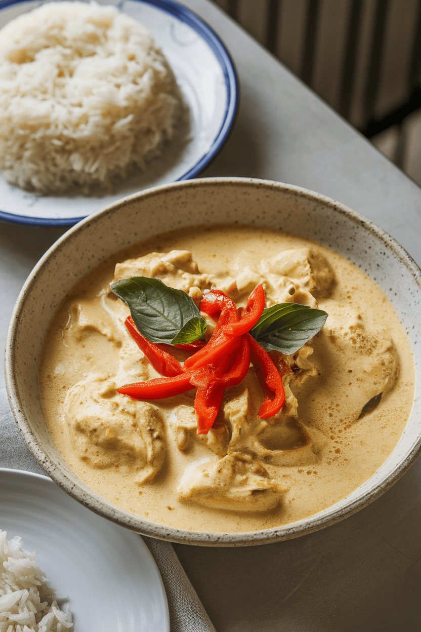 Photo of a shallow bowl of creamy coconut chicken curry with red bell pepper strips, basil leaves, and steamed jasmine rice on the side; indoor table; no text or logos.
