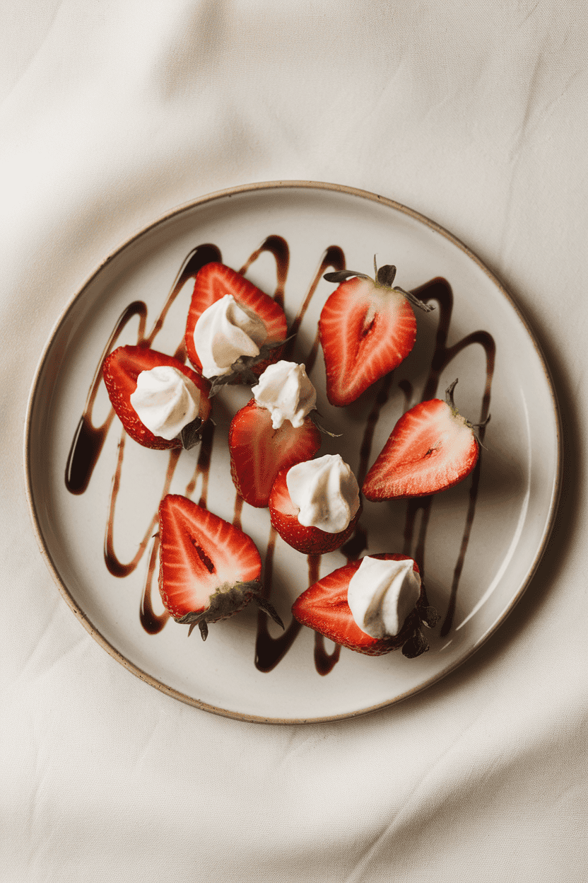 An indoor dessert plate holding large strawberries sliced open and piped with creamy ricotta, a drizzle of balsamic reduction nearby. No logos or text. Photo, not illustration.