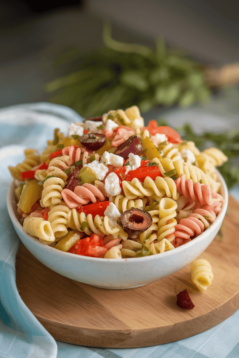 An indoor bowl of tri-color rotini pasta salad with diced bell peppers, olives, and feta, lightly coated in vinaigrette, photographed under soft light. No logos in frame.