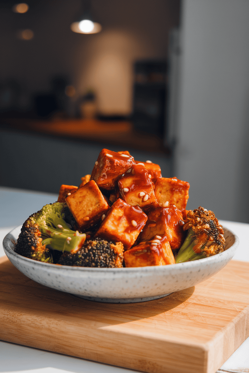 Photo of sauteed tofu cubes glazed in teriyaki sauce with broccoli florets, served in a bowl under indoor lighting; no text or logos.