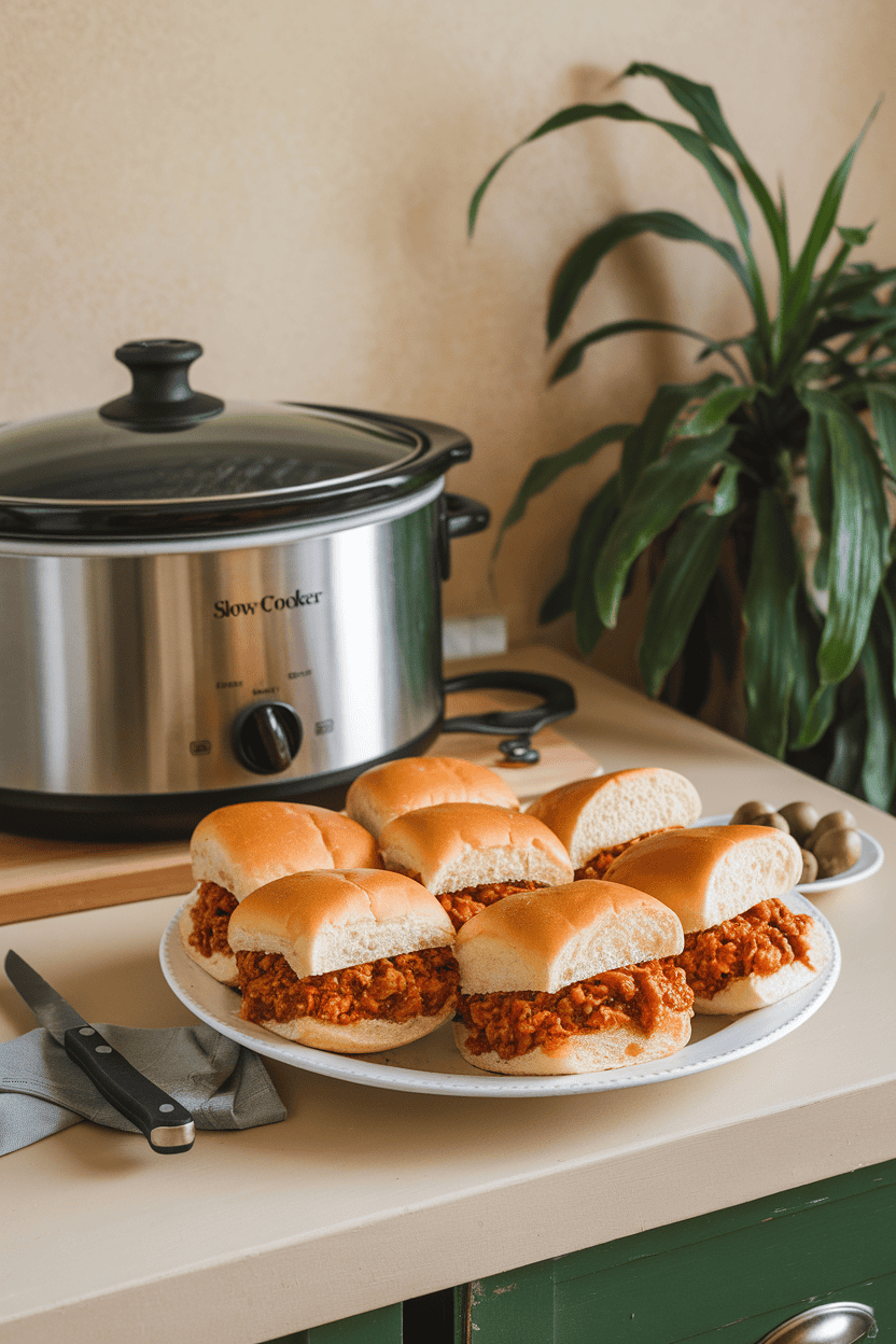 An indoor kitchen island showing a slow cooker beside a platter of saucy sloppy joe sandwiches on soft buns. No visible logos or text.