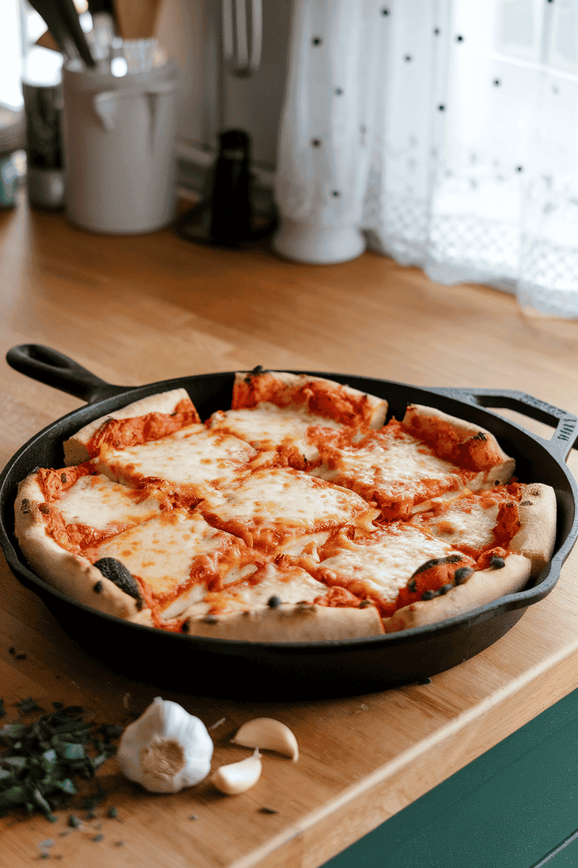 An indoor kitchen island displaying a cast-iron skillet filled with cheese-topped pizza squares, edges crisp and slightly charred. No visible logos.