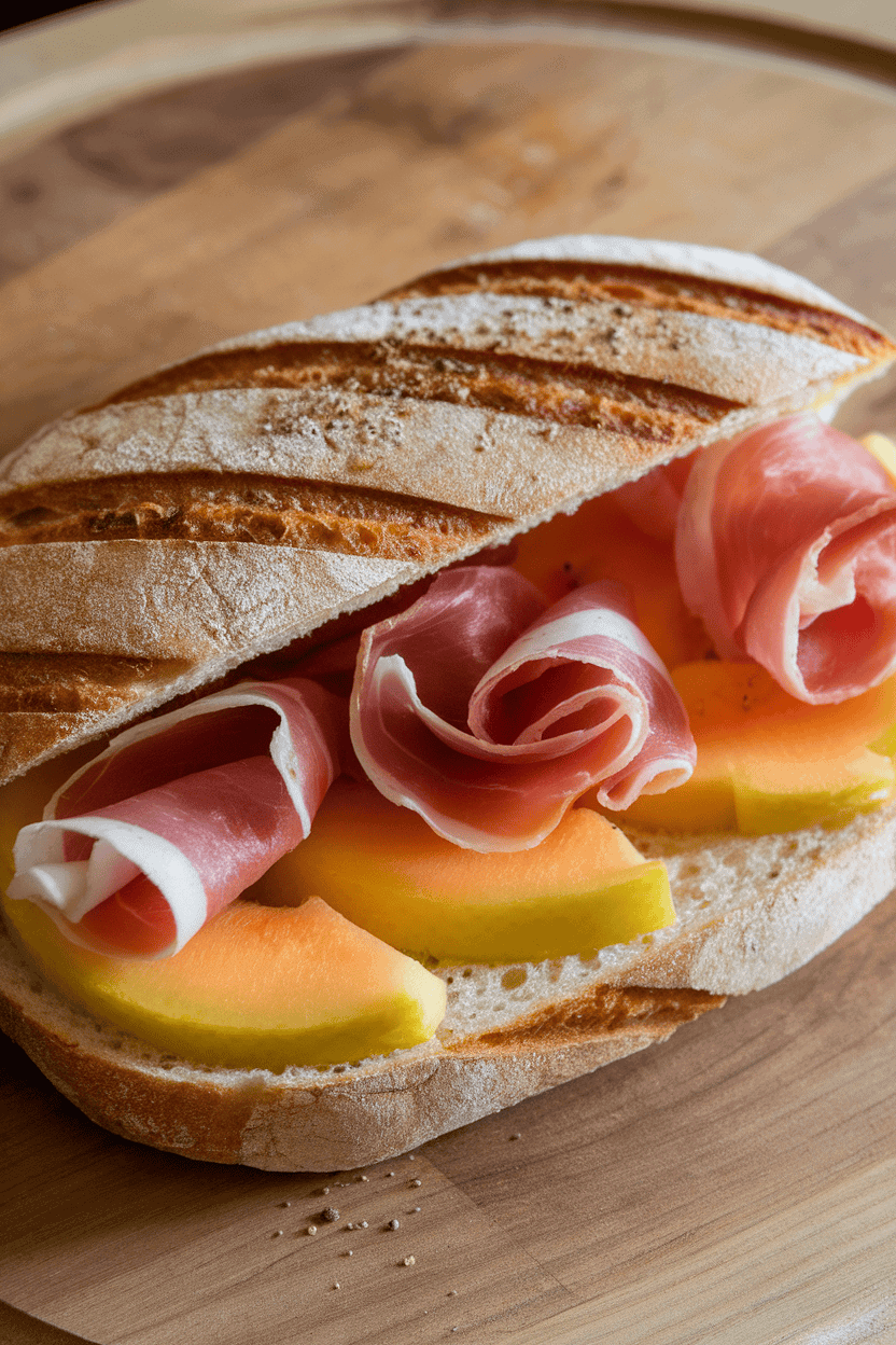 Indoor photo of a pressed sandwich showing prosciutto ribbons and cantaloupe slices within crusty bread, slight grill marks visible, no text or logos.
