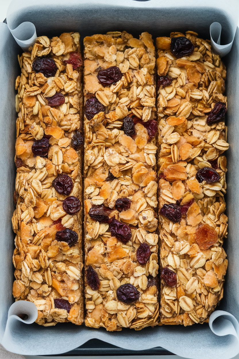 A parchment-lined indoor baking dish of cut homemade granola bars packed with oats and dried fruit, no text or logos.