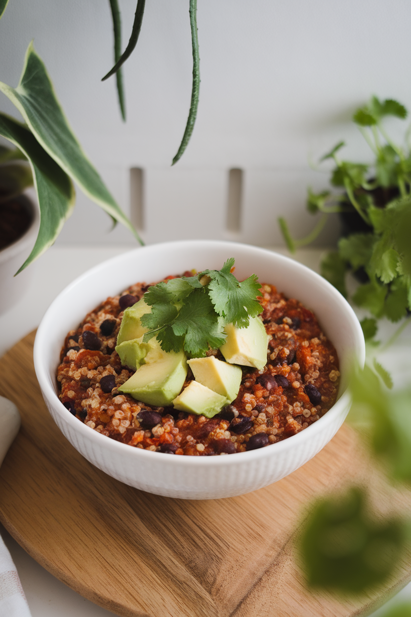 An indoor counter with a bowl of quinoa black bean chili topped with avocado chunks and cilantro, photographed from a slight overhead angle. No text or logos appear.