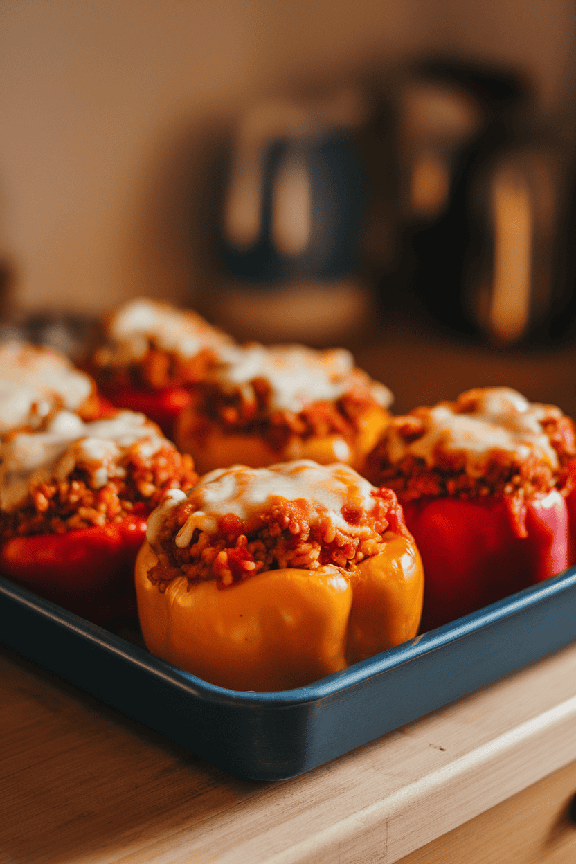 Indoor oven tray holding colorful bell peppers stuffed with rice, ground turkey, and tomato sauce, cheese melted on top. No logos or text, warm lighting. Photo only.