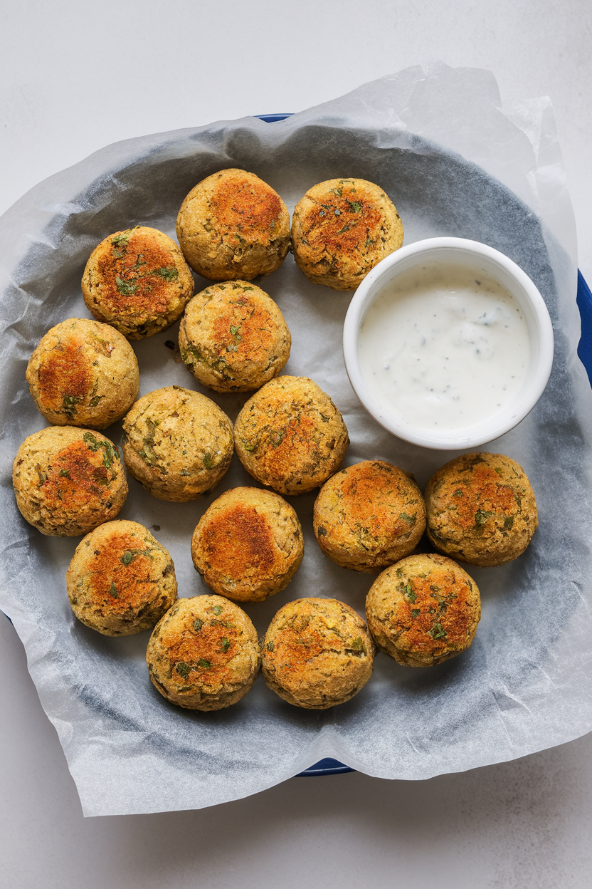 Indoor plate lined with parchment holding baked falafel balls, lightly browned, alongside a ramekin of yogurt sauce. No logos or text.