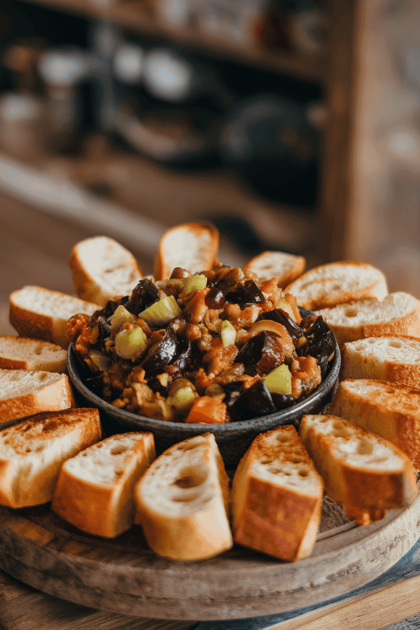 Indoor photo of a rustic bowl of Sicilian eggplant caponata surrounded by toasted crostini slices. No logos or text.