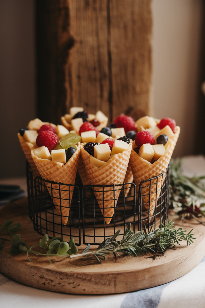 Photo of an indoor tray with waffle-cone cups filled with cubed cheeses, grapes, and berries, standing upright in a wire rack. Soft warm light; no text or logos.