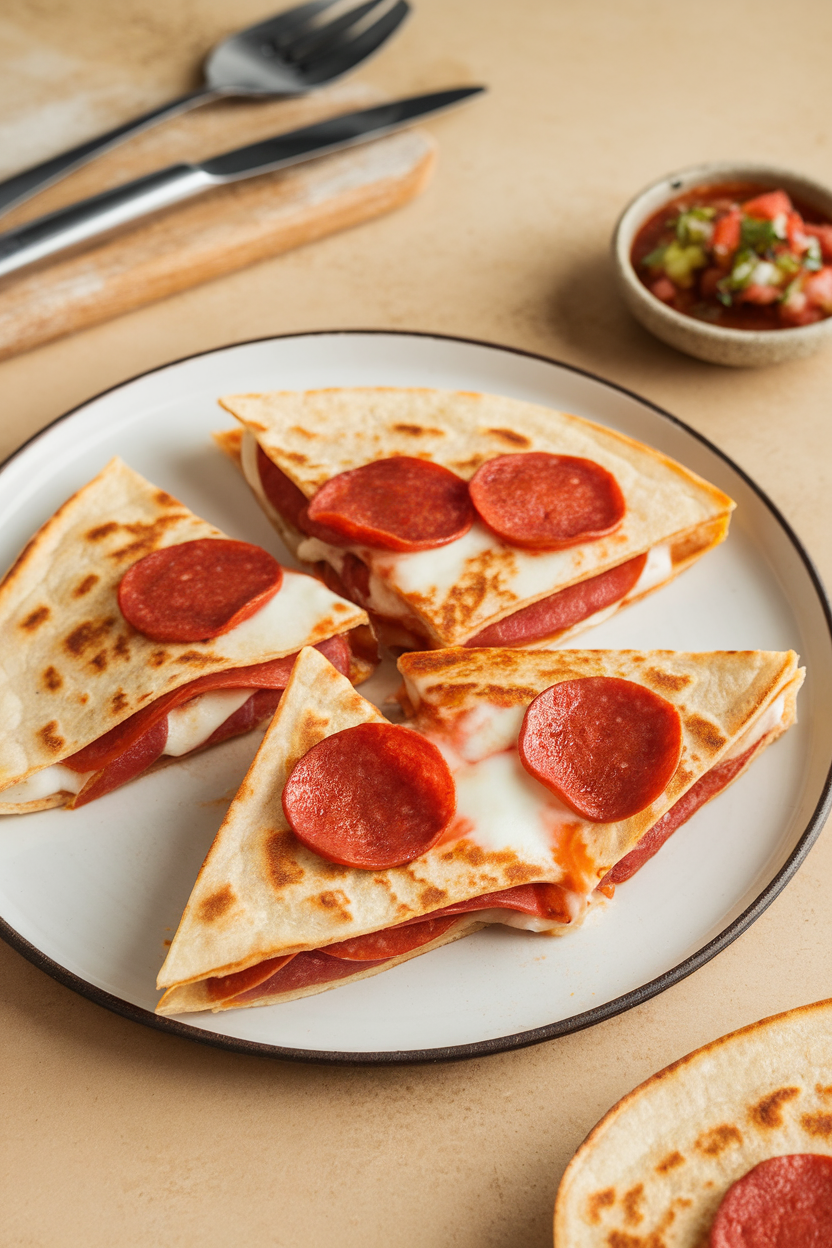 Indoor photo of triangular quesadilla slices oozing mozzarella and pepperoni on a simple white plate. No logos or text visible.