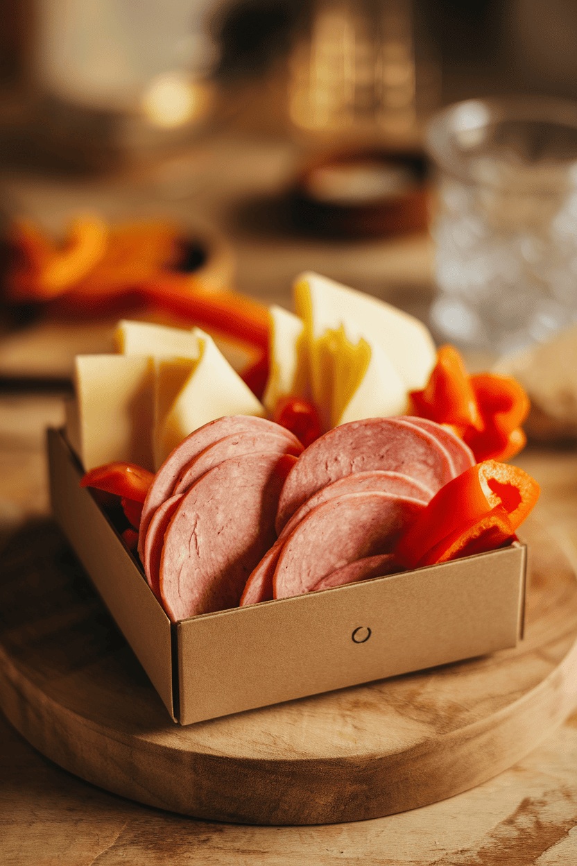 An indoor charcuterie-style box with turkey pepperoni slices, folded provolone cheese, and strips of roasted red pepper; warm light; no text or logos; photo only.