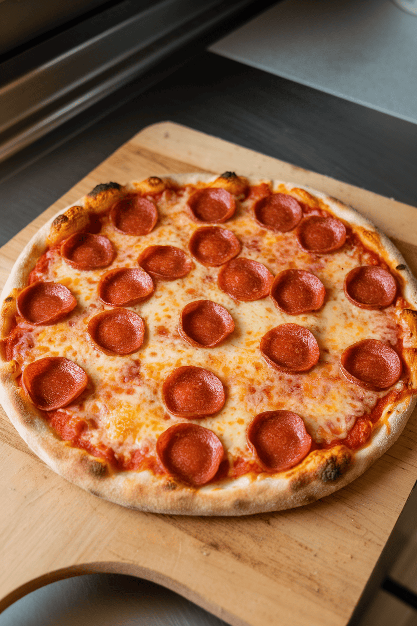 Indoor kitchen countertop featuring a round cooked pepperoni pizza on a wooden peel, cheese bubbling and pepperoni edges curled; no text or logos visible, clearly a photo.