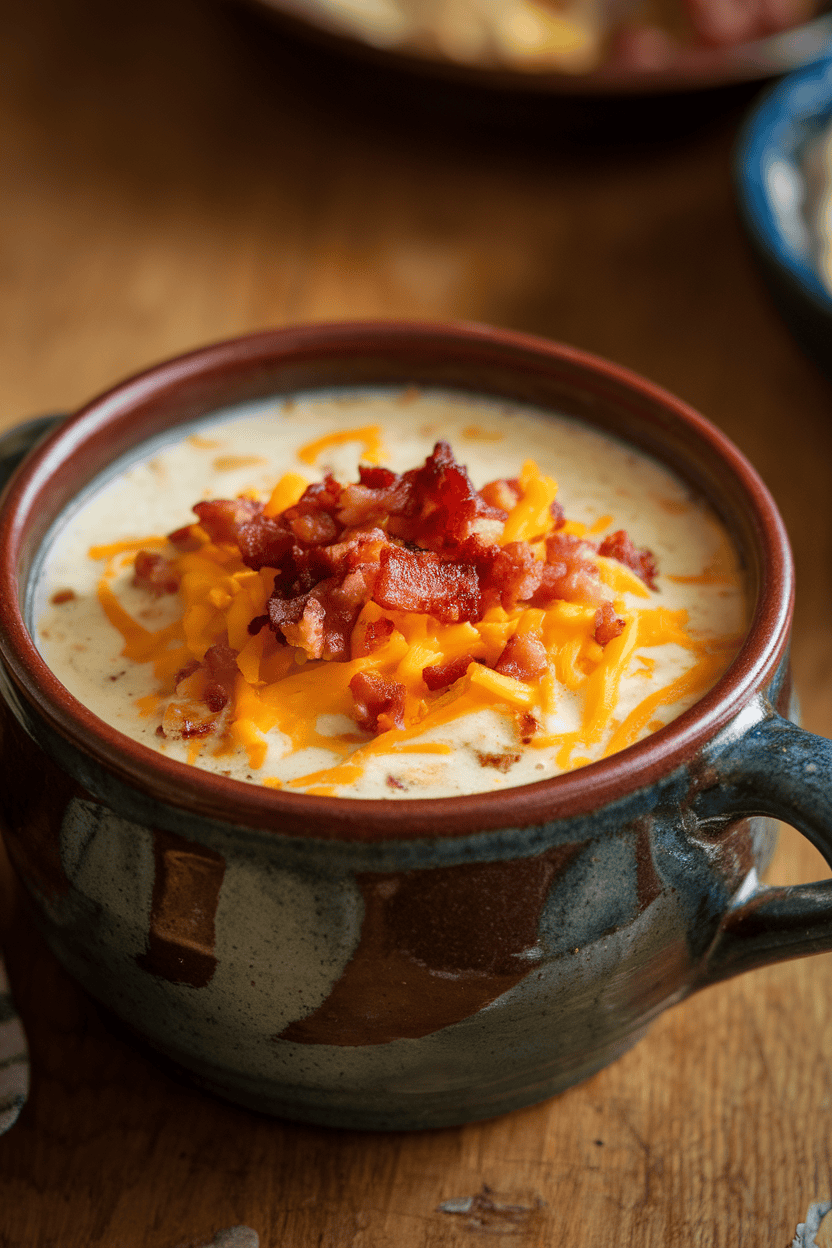 A ceramic soup bowl on an indoor table filled with creamy corn chowder, melted cheddar swirled in, bacon crumbles sprinkled on top. No text or logos present.