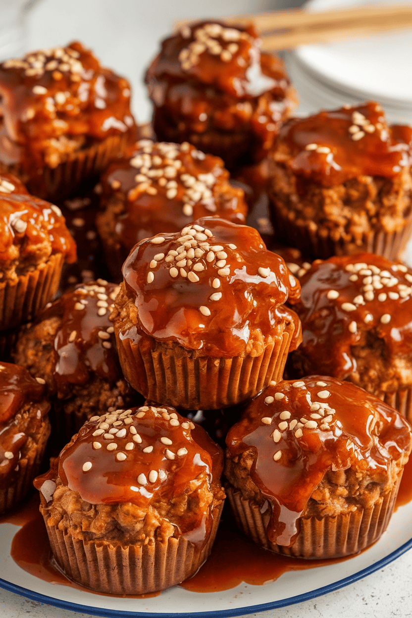 Indoor platter of small glazed meatloaf muffins topped with a glossy sweet-and-sour sauce, sprinkled with sesame seeds. No logos or text.