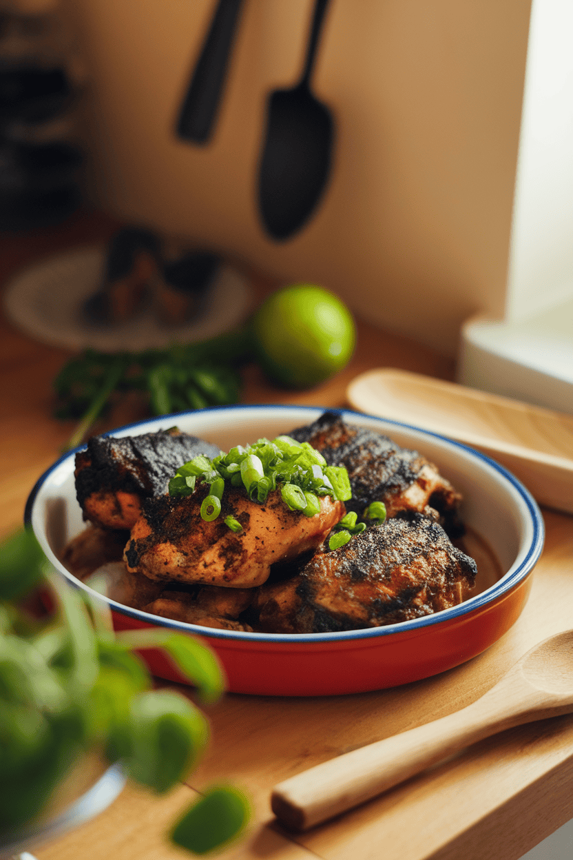 A warmly lit indoor counter with a shallow dish of cooked, char-edged jerk chicken thighs topped with a sprinkle of chopped green onions. Photo, no illustrations or logos.