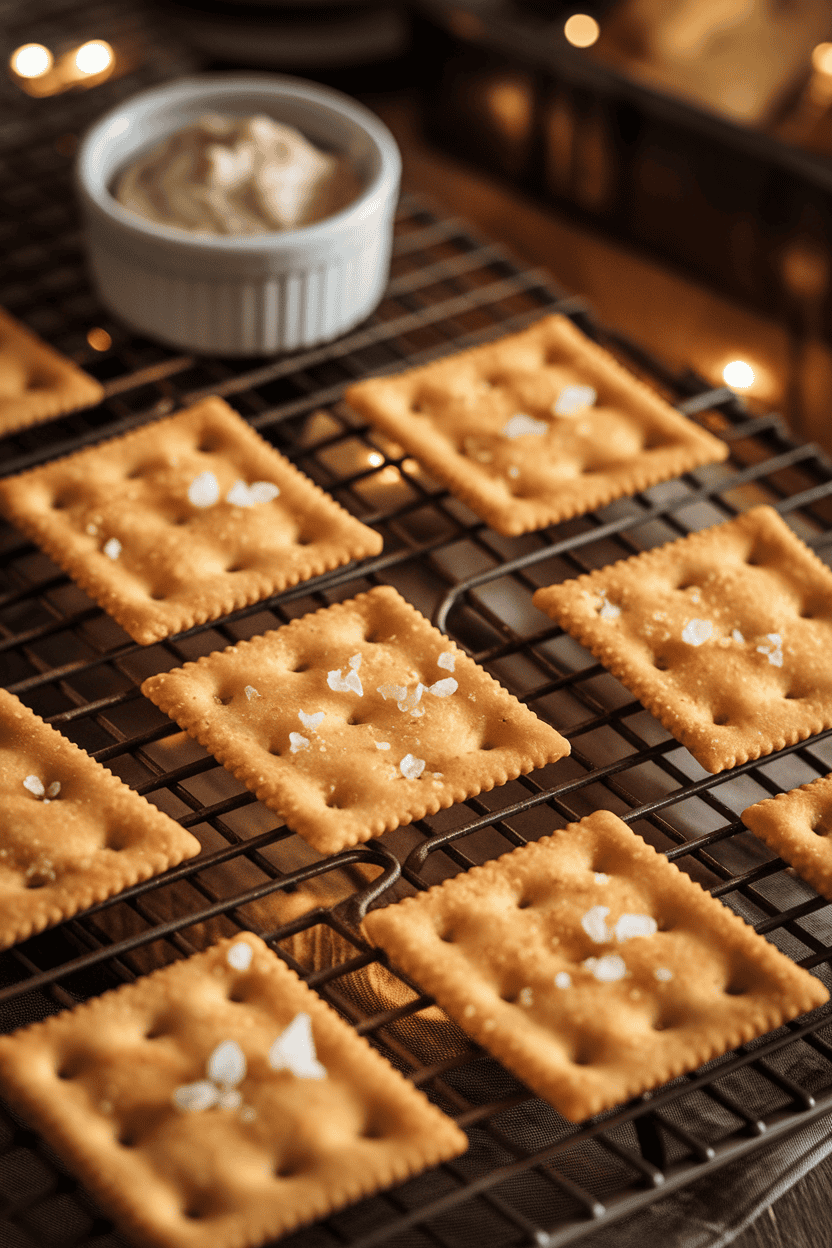 An indoor baking rack holding square cheddar crackers dotted with salt flakes, a small ramekin of dip nearby but slightly out of focus. Warm kitchen lighting; no text or logos; photo, not illustration.