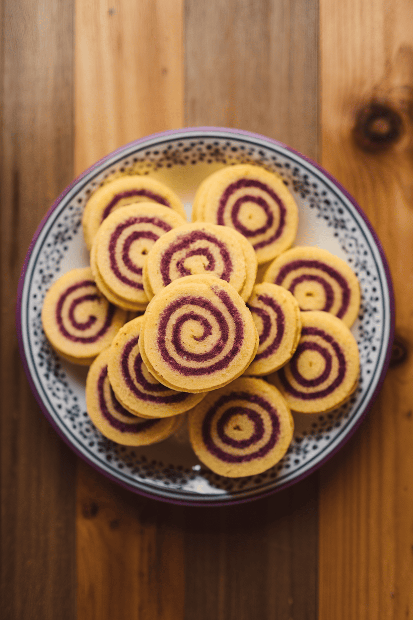 Indoor photo of pinwheel cookies showing bright yellow and purple spirals, stacked neatly on a plate, top-down angle, no text or logos