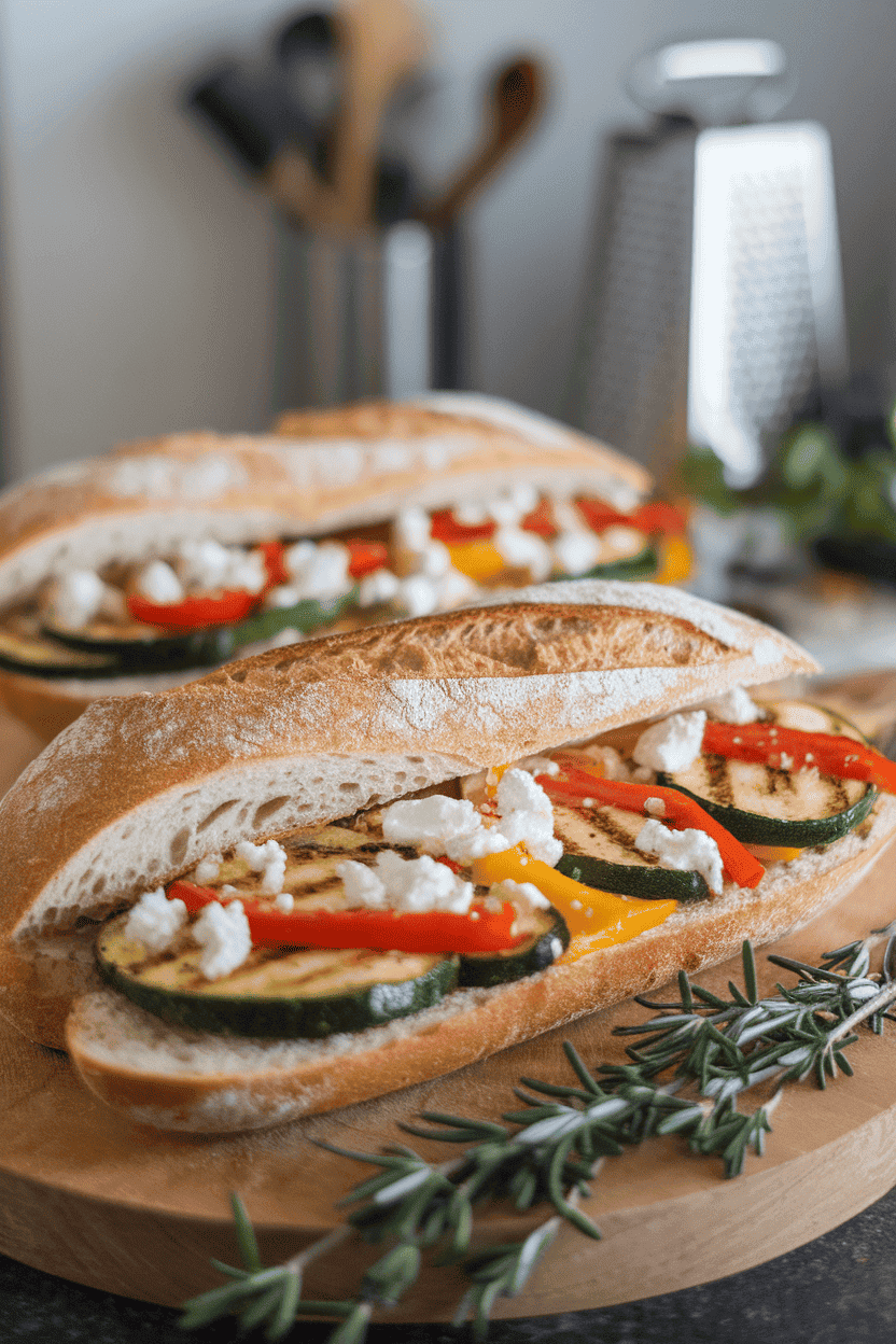 Indoor photo of a baguette packed with grilled zucchini, bell peppers, and goat cheese crumbles, no text or logos.