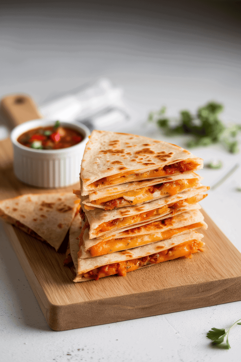 An indoor cutting board holding triangular wedges of melted-cheese quesadilla stacked slightly, with a ramekin of salsa nearby; no text or logos. Photo, not illustration.