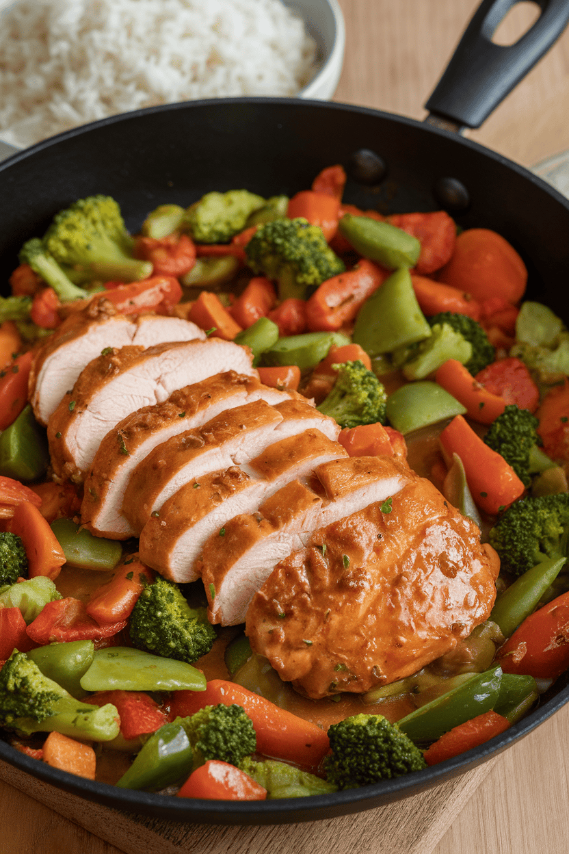 Photo of a skillet indoors containing sliced chicken breast and mixed frozen vegetables coated in glossy sauce, served over rice in the background, no logos.