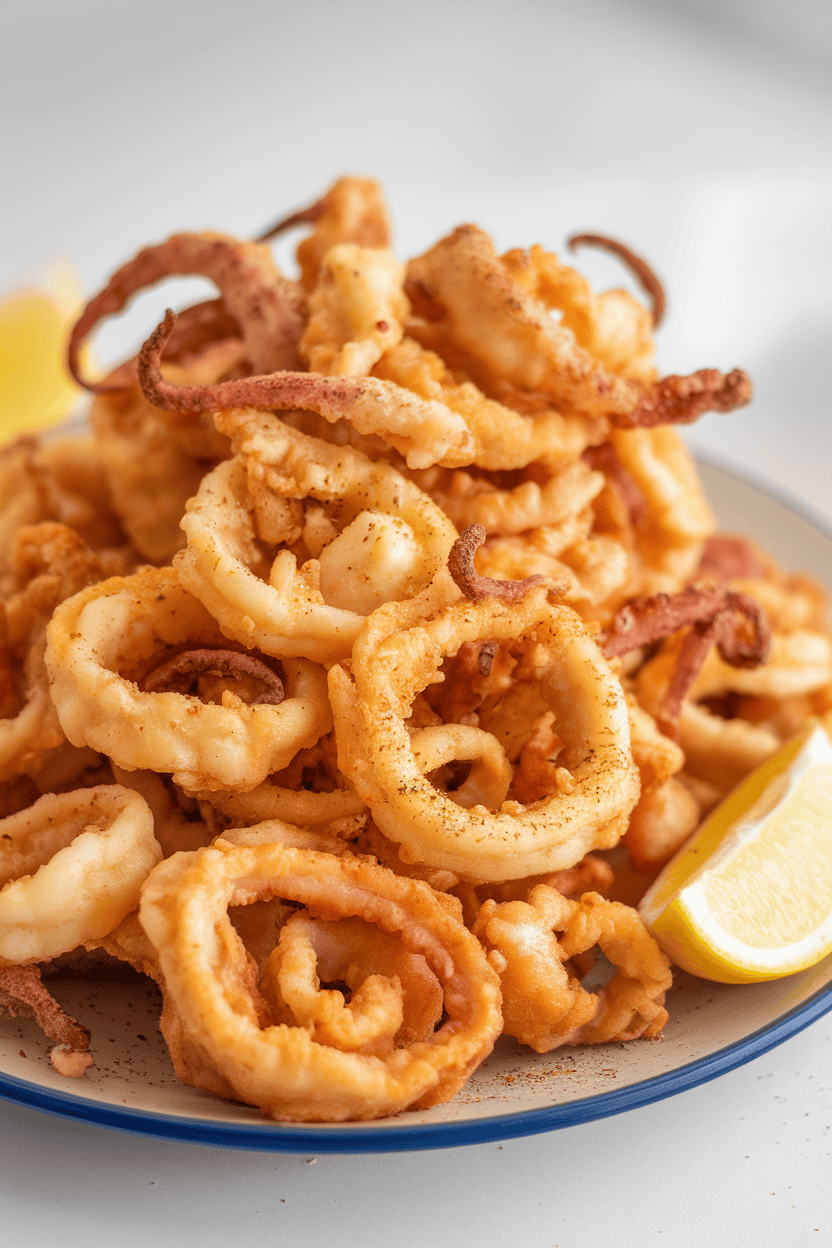 An indoor platter stacked with golden fried calamari rings and tentacles, a wedge of lemon on the side. Crisp focus, no text or logos. Photo, not illustration.