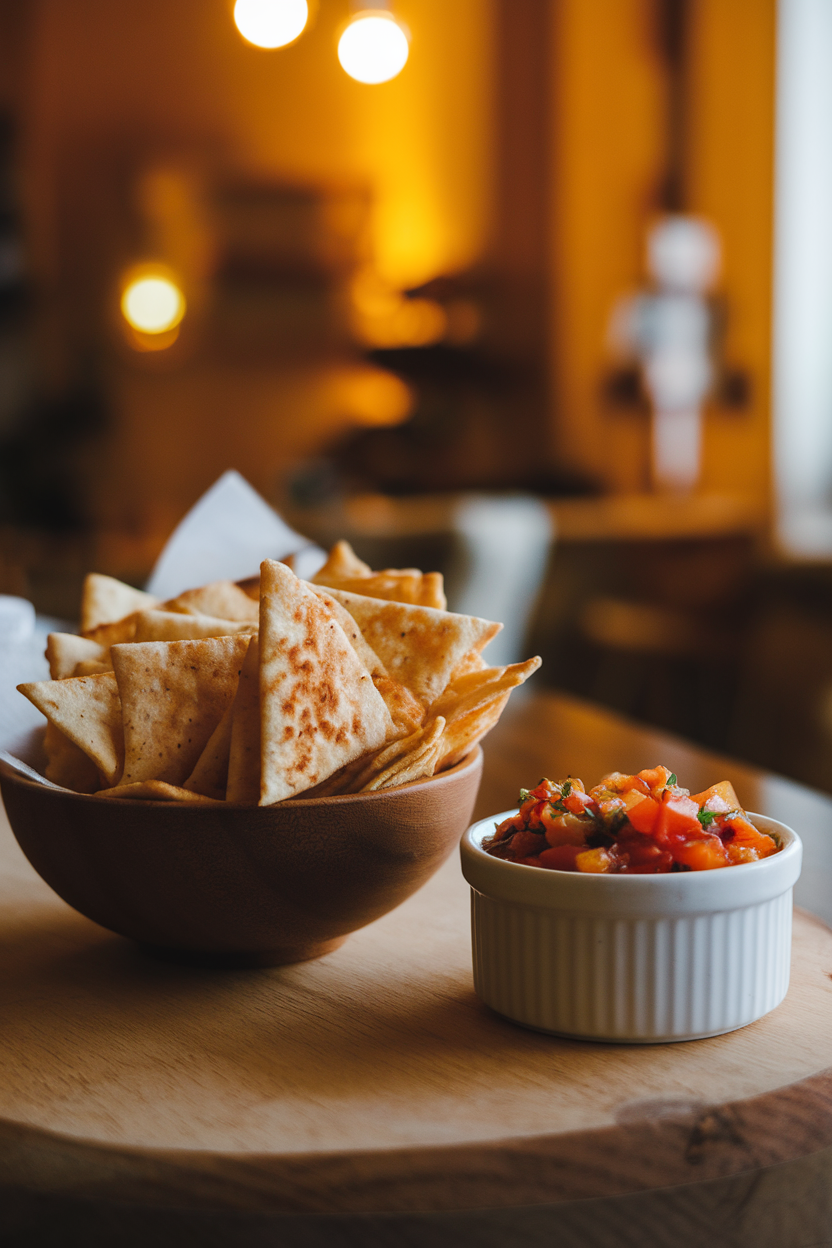 An indoor tabletop featuring a bowl of baked pita chips beside a ramekin of chunky tomato salsa, warm indoor lighting, no text or logos.