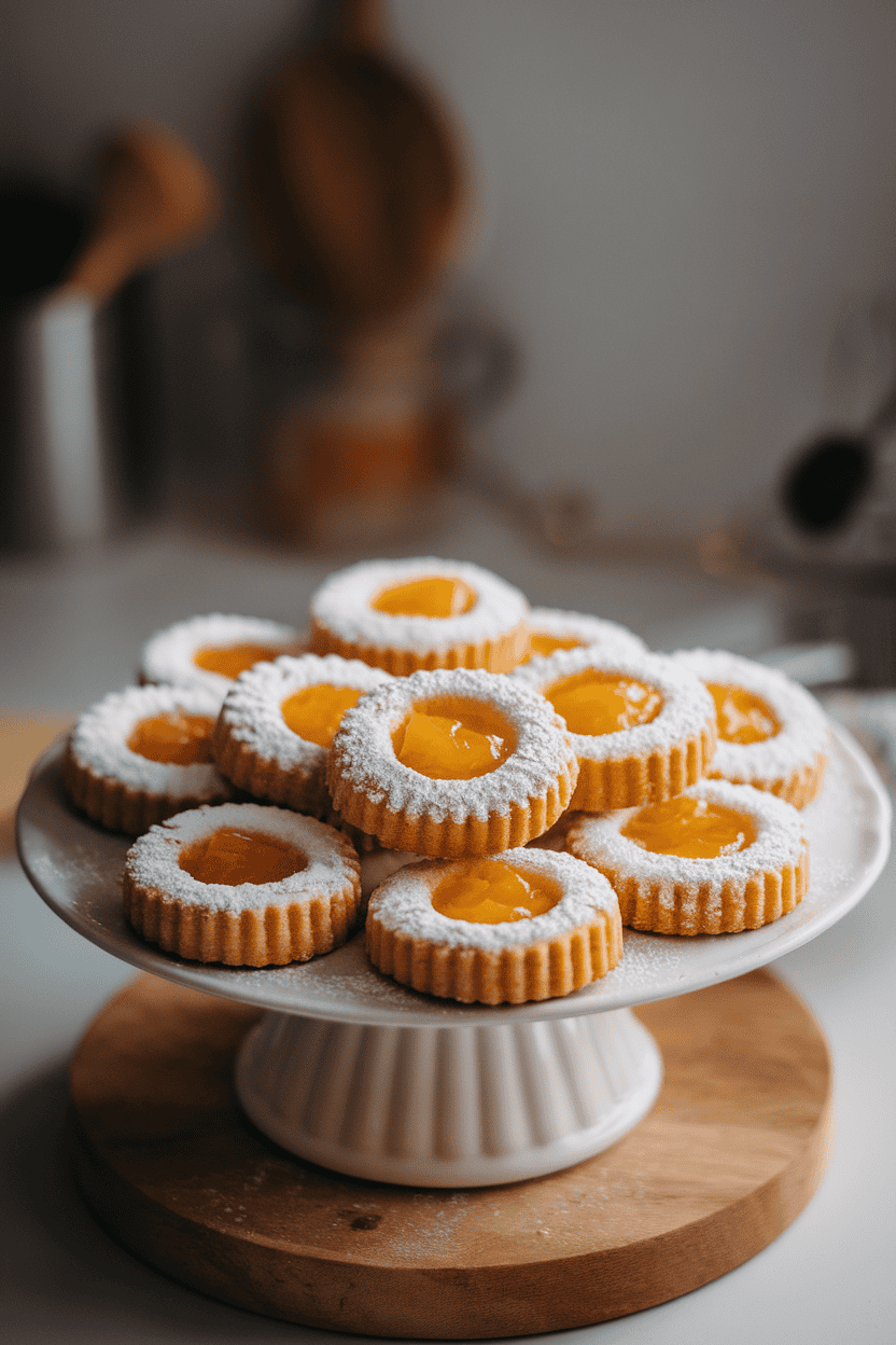 Indoor photo of thumbprint cookies filled with glossy pineapple jam, dusted with powdered sugar, arranged on a simple white platter, gentle side lighting, no text or logos