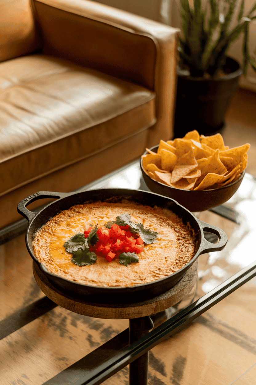 An indoor coffee table with a cast-iron skillet of bubbling queso dip, topped with diced tomatoes and cilantro, tortilla chips in a nearby bowl. No text or logos.
