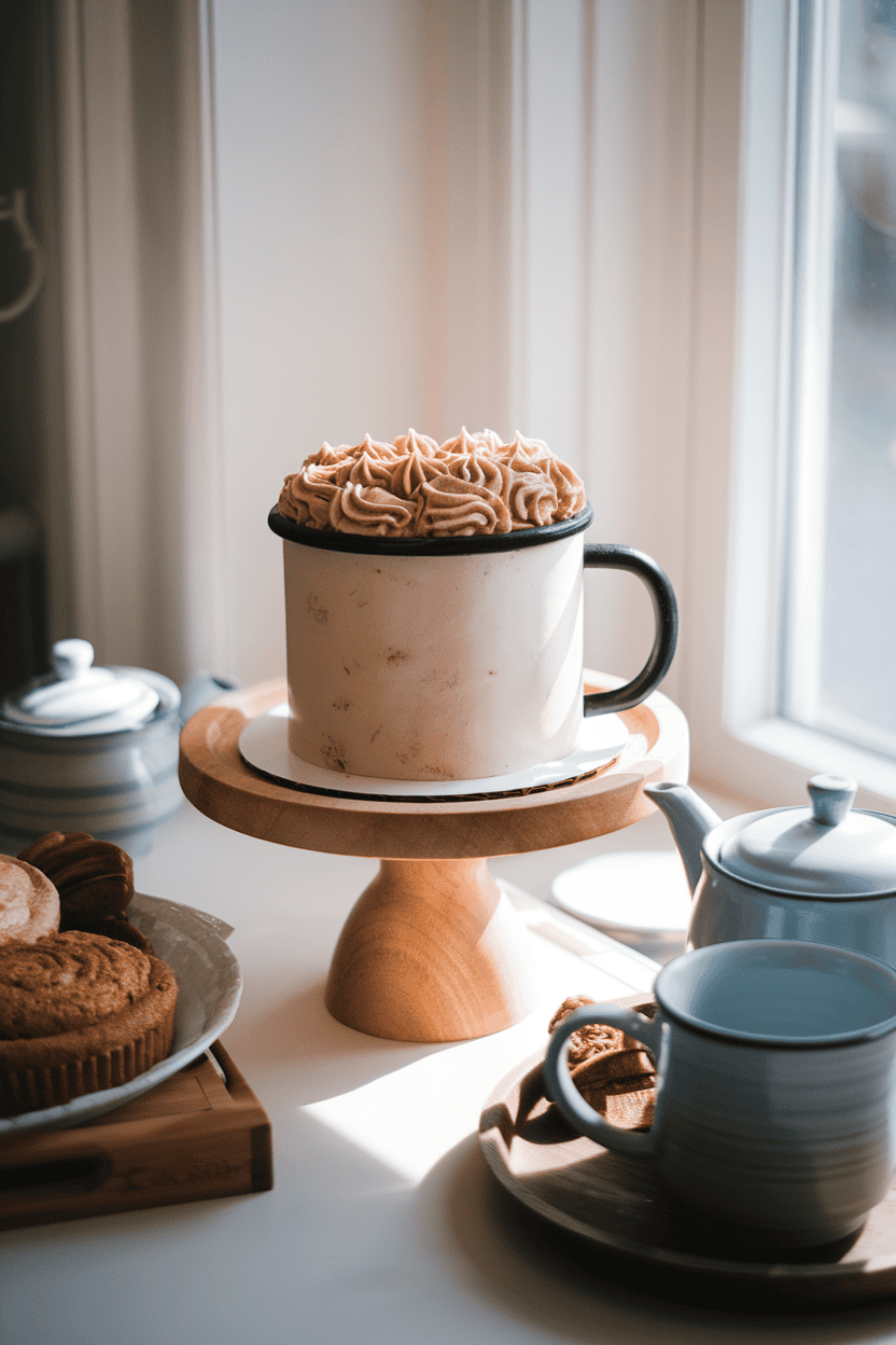 An indoor breakfast nook showing a cake shaped like an enamel camp mug full of frothy cocoa frosting, captured under gentle morning light. No text or logos; photo only.
