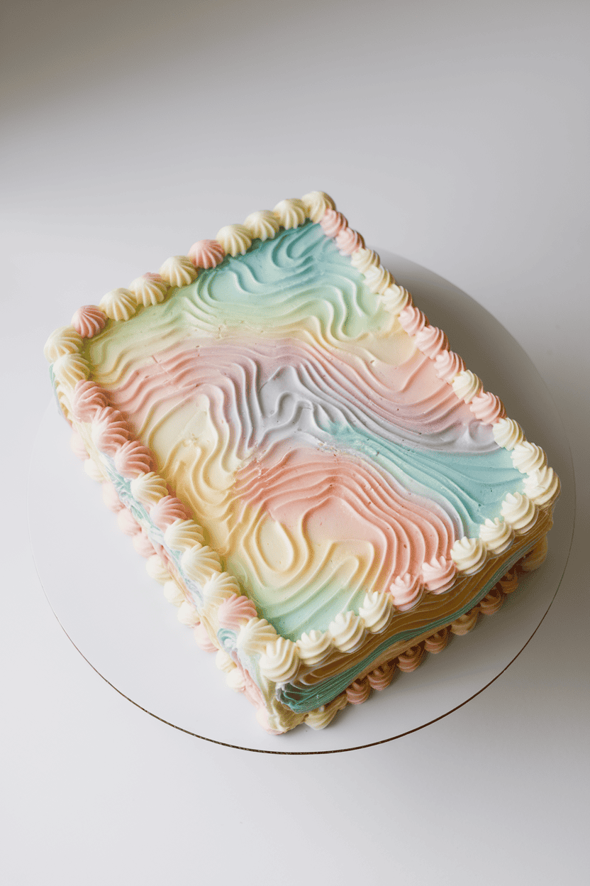 A brightly lit indoor sheet cake iced with pastel buttercream contour lines resembling a topographic map, photographed overhead. No text or logos visible; photo, not illustration.