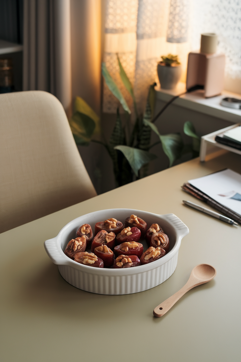Photo — an indoor desk scene featuring a small ceramic dish with halved Medjool dates stuffed with walnut pieces. Gentle afternoon lighting; no text or logos present.