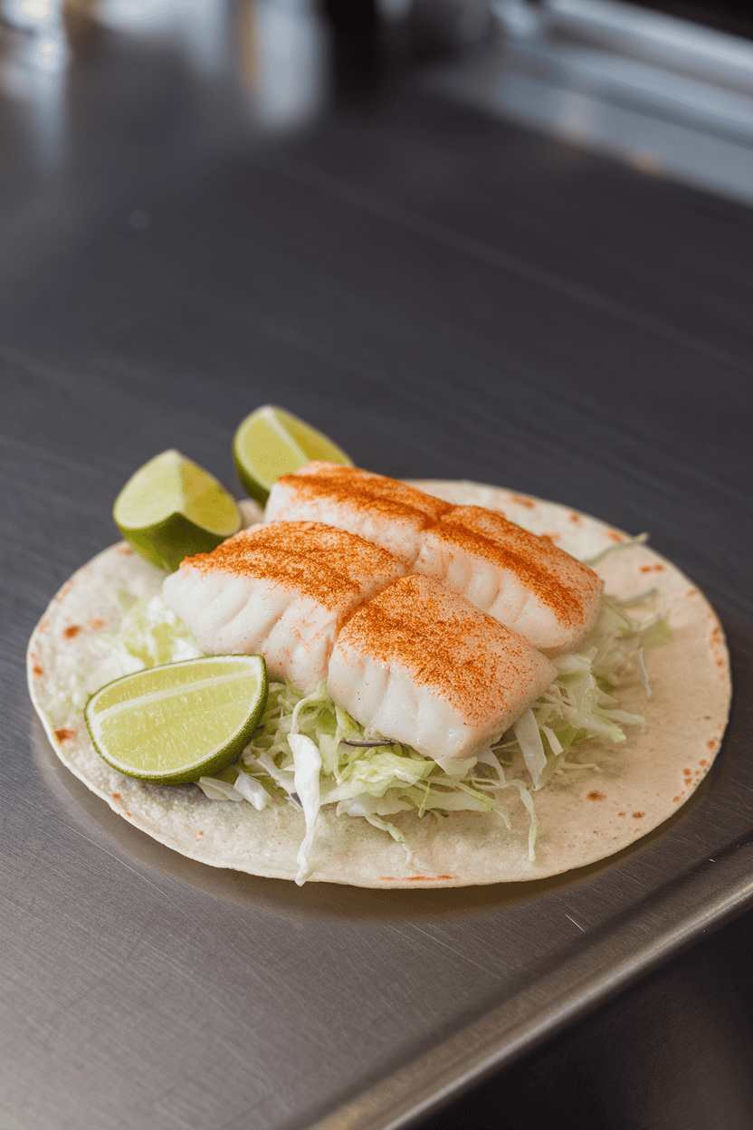 Indoor counter with soft tortillas filled with cooked flaky white fish, cabbage slaw, and lime wedges, chili dust visible on fish; no raw fish, no text or logos, photo only.