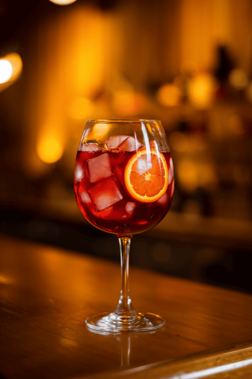 Photo, indoors, a stemless wine glass filled with ruby-red sangria, orange wheels and apple chunks floating alongside ice cubes on a wooden bar top. Warm ambient light, no text or logos anywhere.