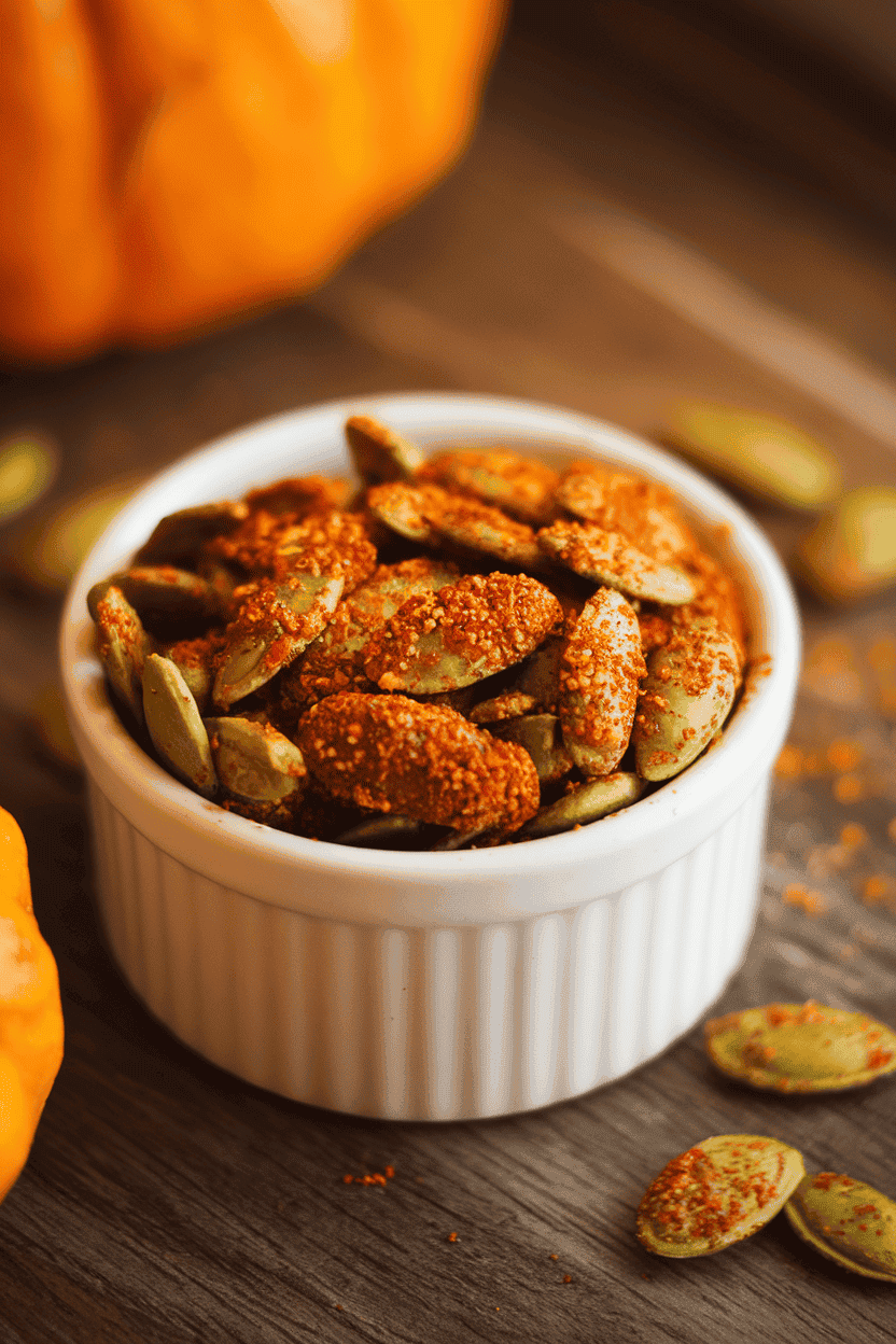 A small indoor ramekin brimming with spicy roasted pumpkin seeds coated in visible Cajun seasoning, a few seeds scattered nearby. Warm lighting; no text or logos; photo, not illustration.