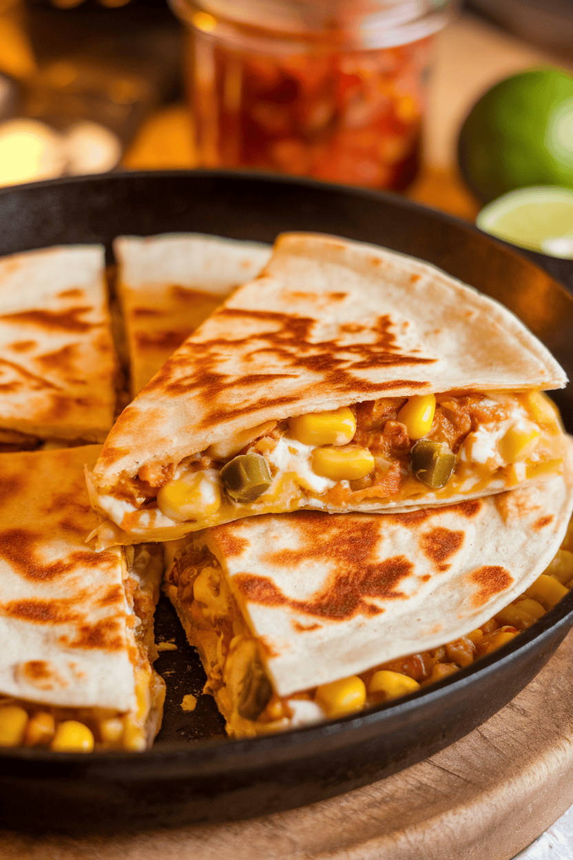 Indoor skillet photo of a quesadilla cut into wedges showing melted cheese, corn kernels, and jalapeño pieces. Warm lighting, no logos.