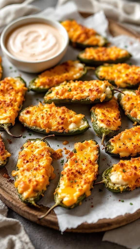 A plate of cheesy jalapeño poppers with a creamy dipping sauce.