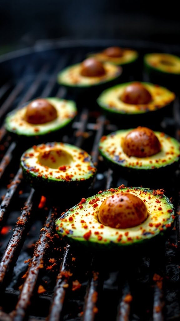 Grilled avocado halves sprinkled with chili powder on a grill