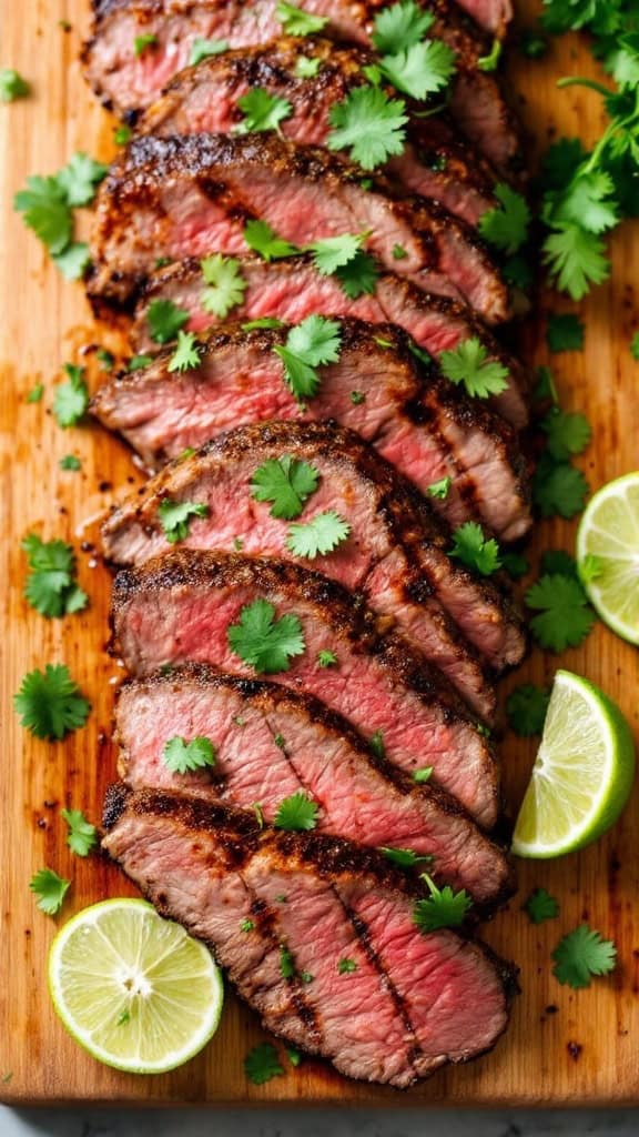 Sliced grilled flank steak garnished with cilantro and lime on a cutting board.