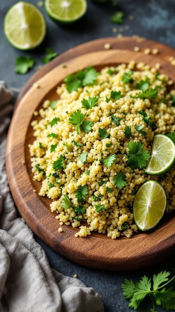 A wooden bowl filled with cilantro lime quinoa garnished with lime slices and fresh cilantro.