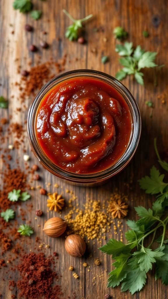 A jar of classic BBQ sauce surrounded by spices and fresh herbs on a wooden table.