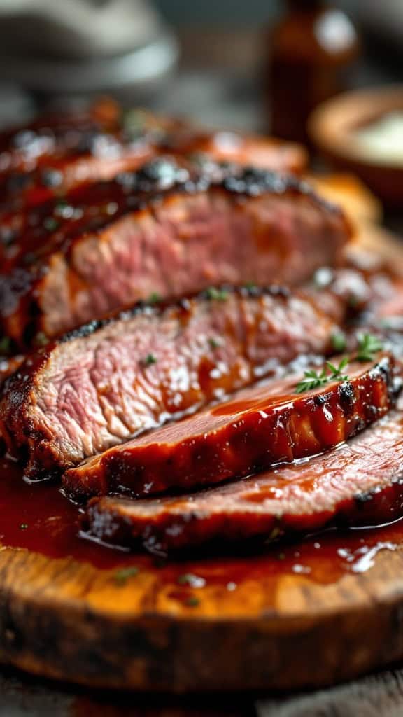 Sliced beef brisket with BBQ sauce on a wooden platter