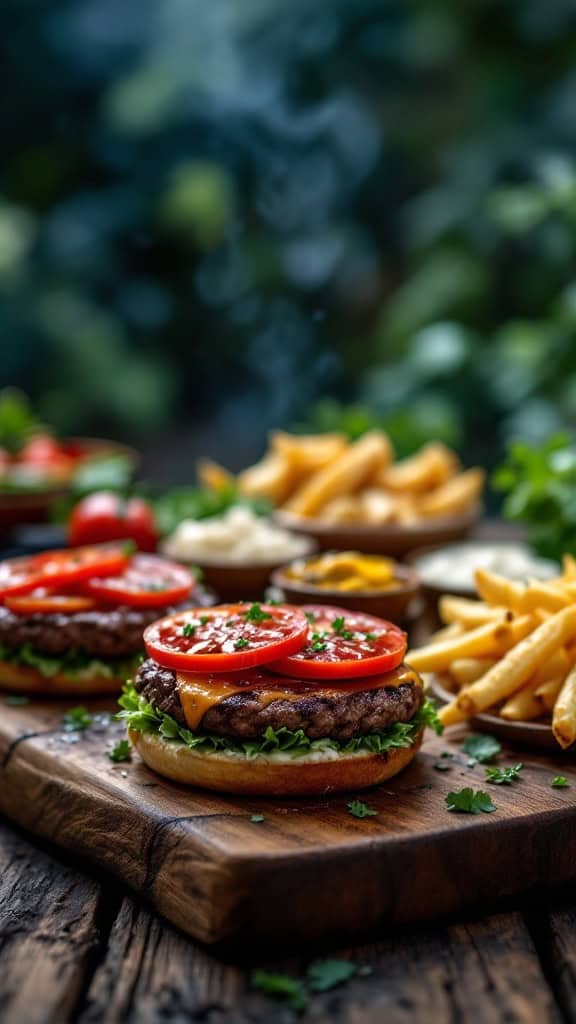 Delicious beef burgers with tomatoes and cheese on a wooden board next to fries.