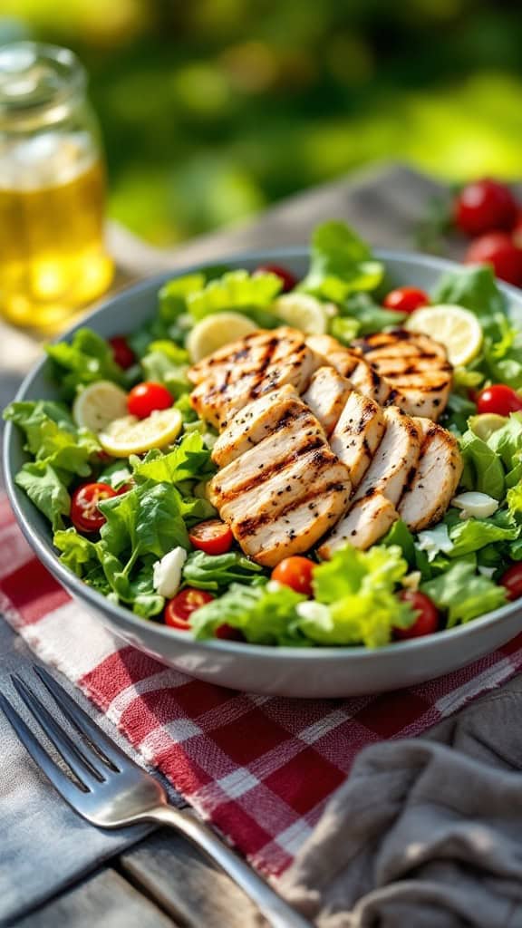 A bowl of Caesar salad with grilled chicken, romaine lettuce, cherry tomatoes, and lemon slices on a red checkered tablecloth.