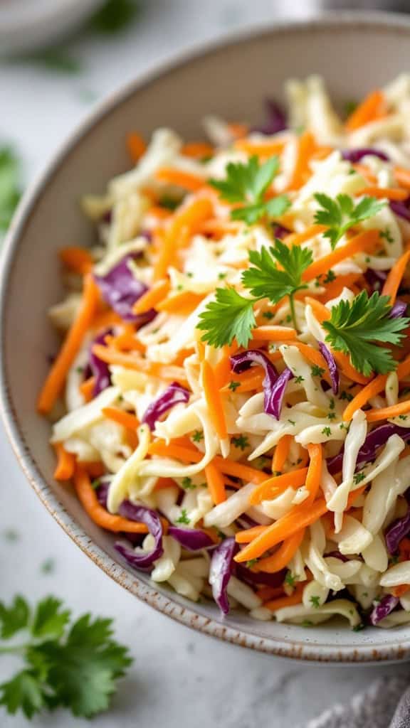Bowl of colorful coleslaw with carrots, purple cabbage, and parsley