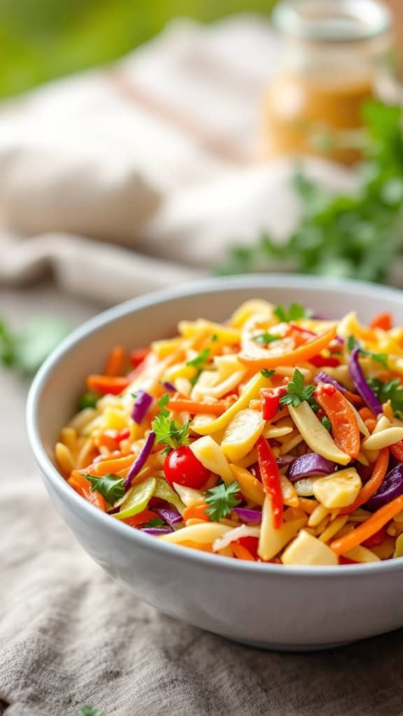 A bowl of colorful coleslaw with shredded vegetables and fresh herbs.