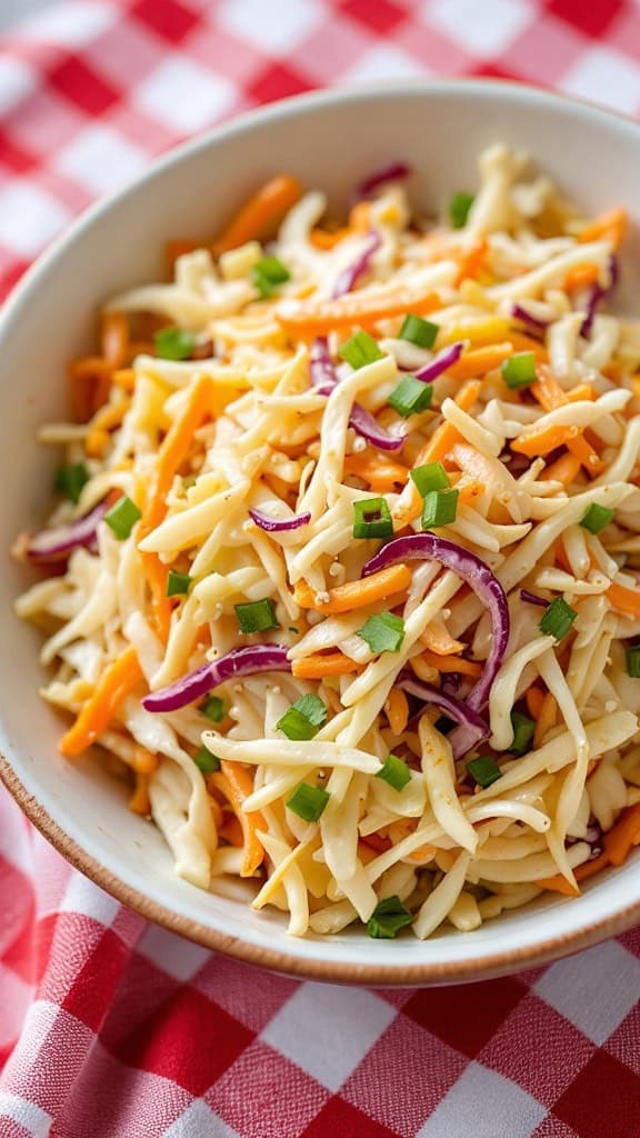 A bowl of colorful coleslaw with cabbage, carrots, and green onions on a checkered tablecloth.